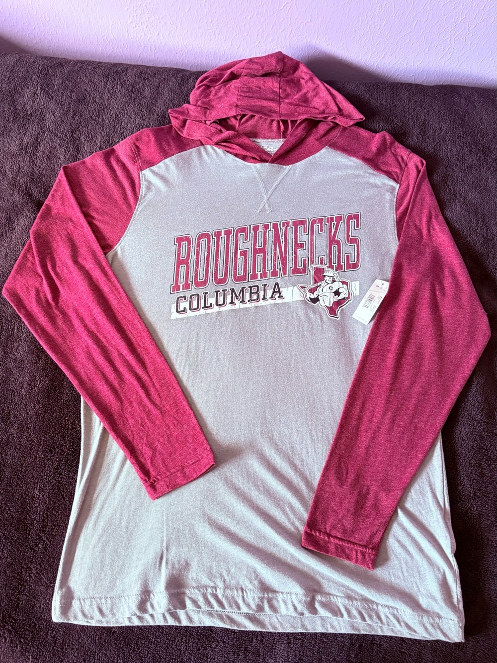 Columbia Roughnecks x Pel Athletics large logo maroon gray hooded L/S tee medium